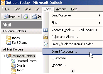 Click on the Tools menu and select E-mail Accounts.