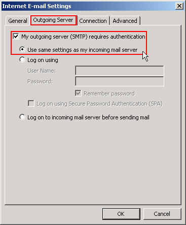 Click the Outgoing Server tab and ensure these options are selected.